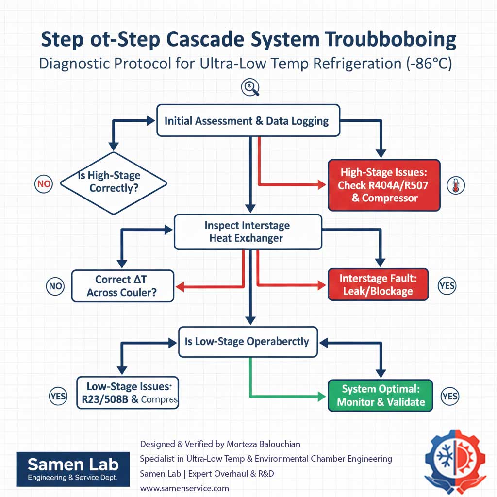 فرآیند عیب‌یابی و تعمیر سیکل Cascade فریزرهای فوق‌سرد آزمایشگاهی